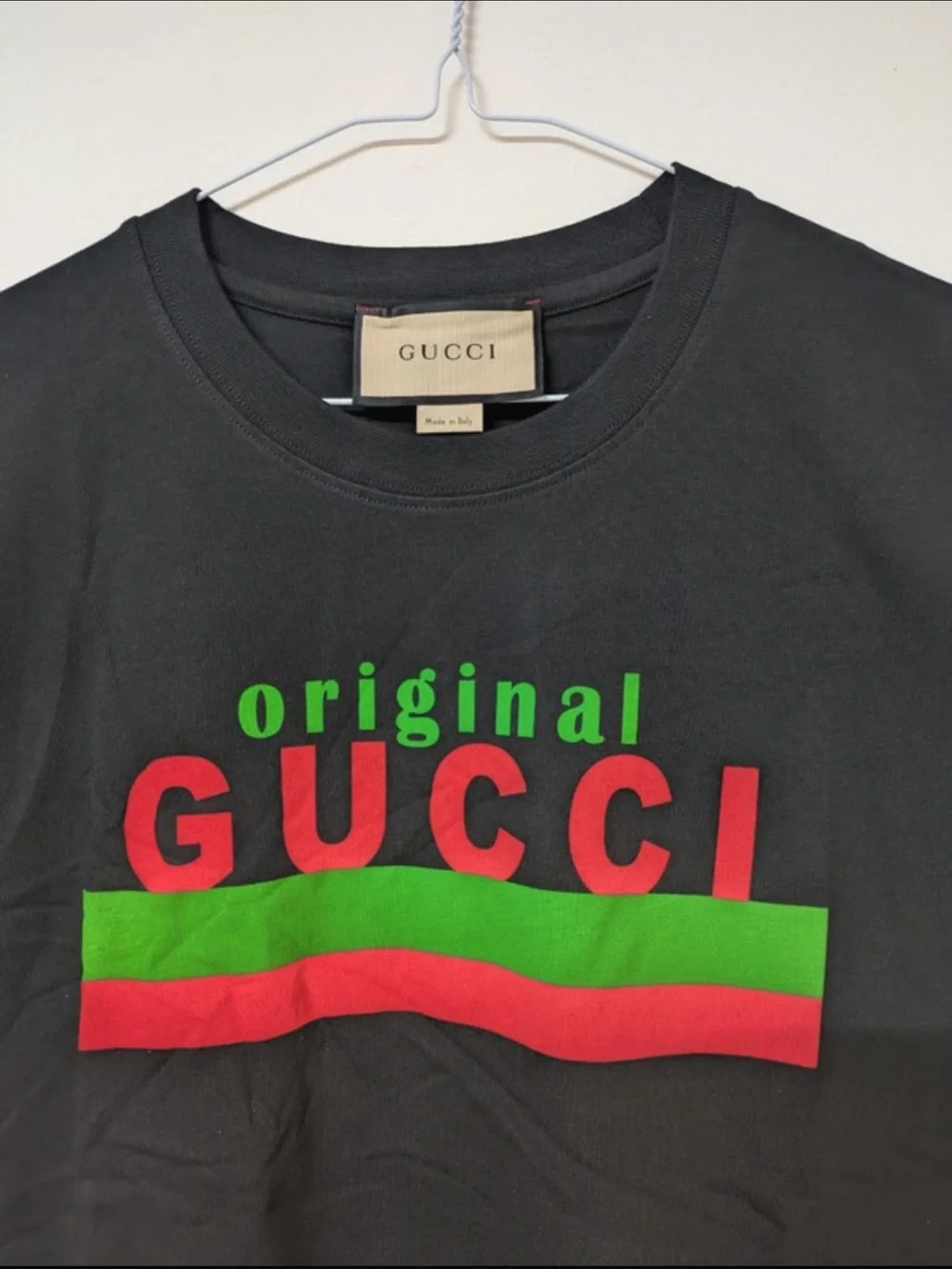 Gucci Black Tee with Red Logo and Green Stripe